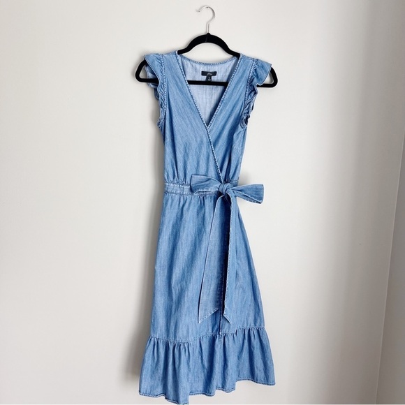 2/25 J Crew Denim Chambray Wrap Dress Ruffle Sleeveless Blue Jean springtime - Picture 2 of 9